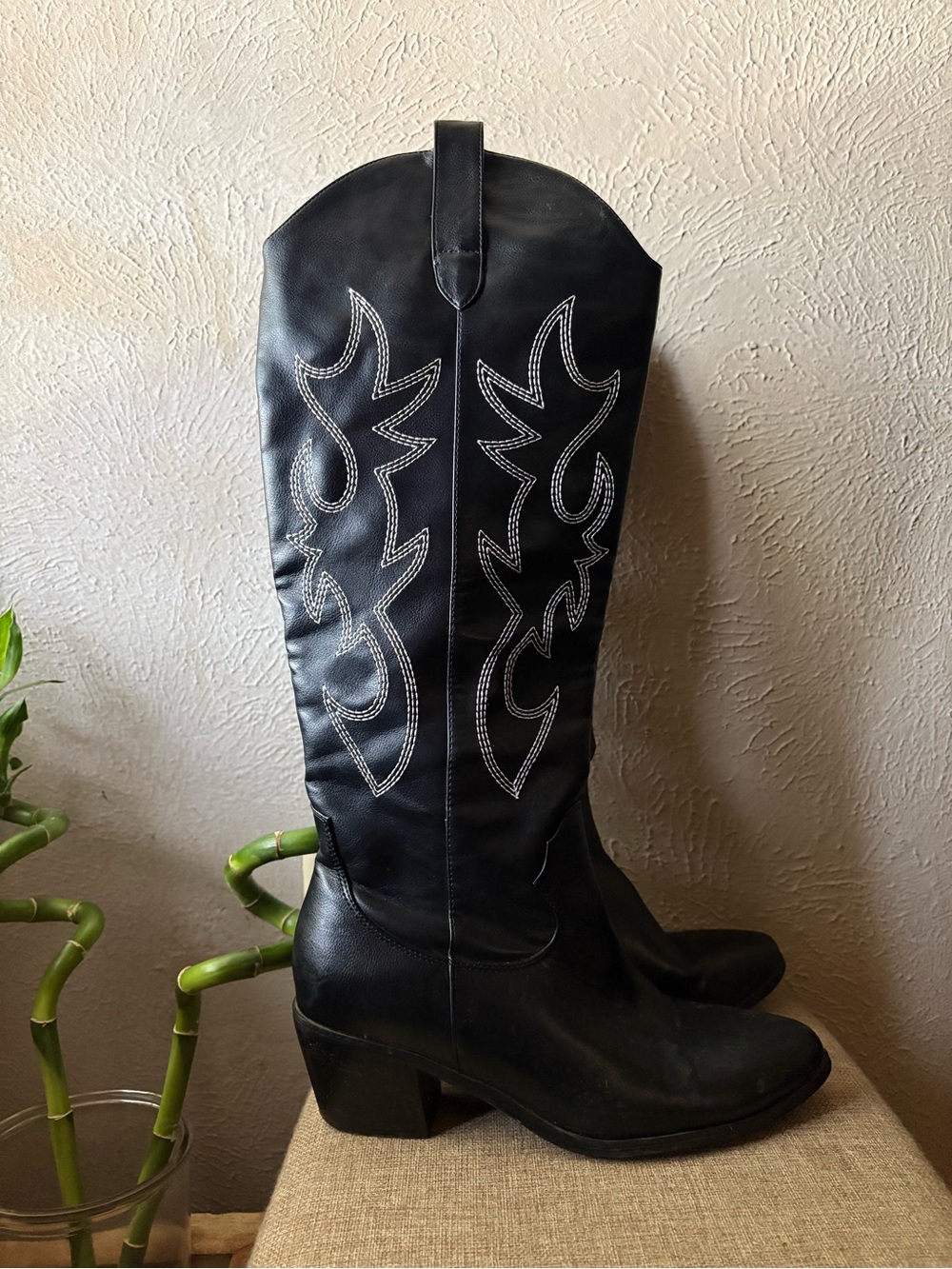 Black Women's Western Knee-High Boots with White Stitching